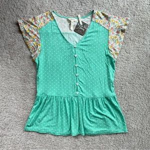 Matilda Jane Mint Green Floral Polka Dot Peplum Short Sleeve Top Size Small